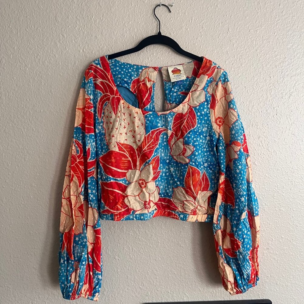 FARM Rio Blue Floral Long-Sleeve Crop Blouse with Red & Cream Flowers